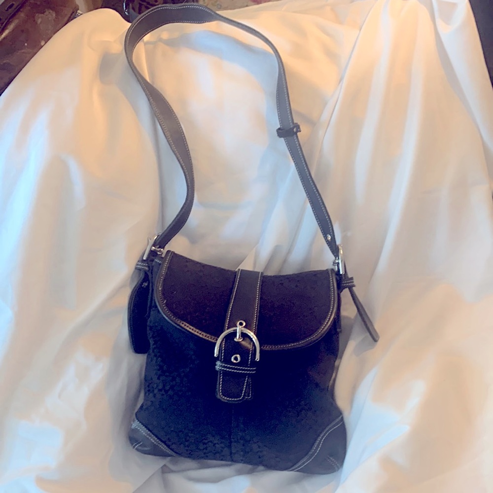 Coach Fabric and Leather Purse with Polished Silver Buckles and White Stitching